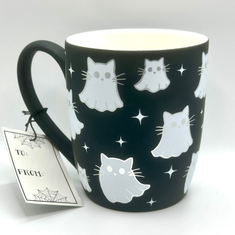 Black & White Mug with a Ghost Kitty Design